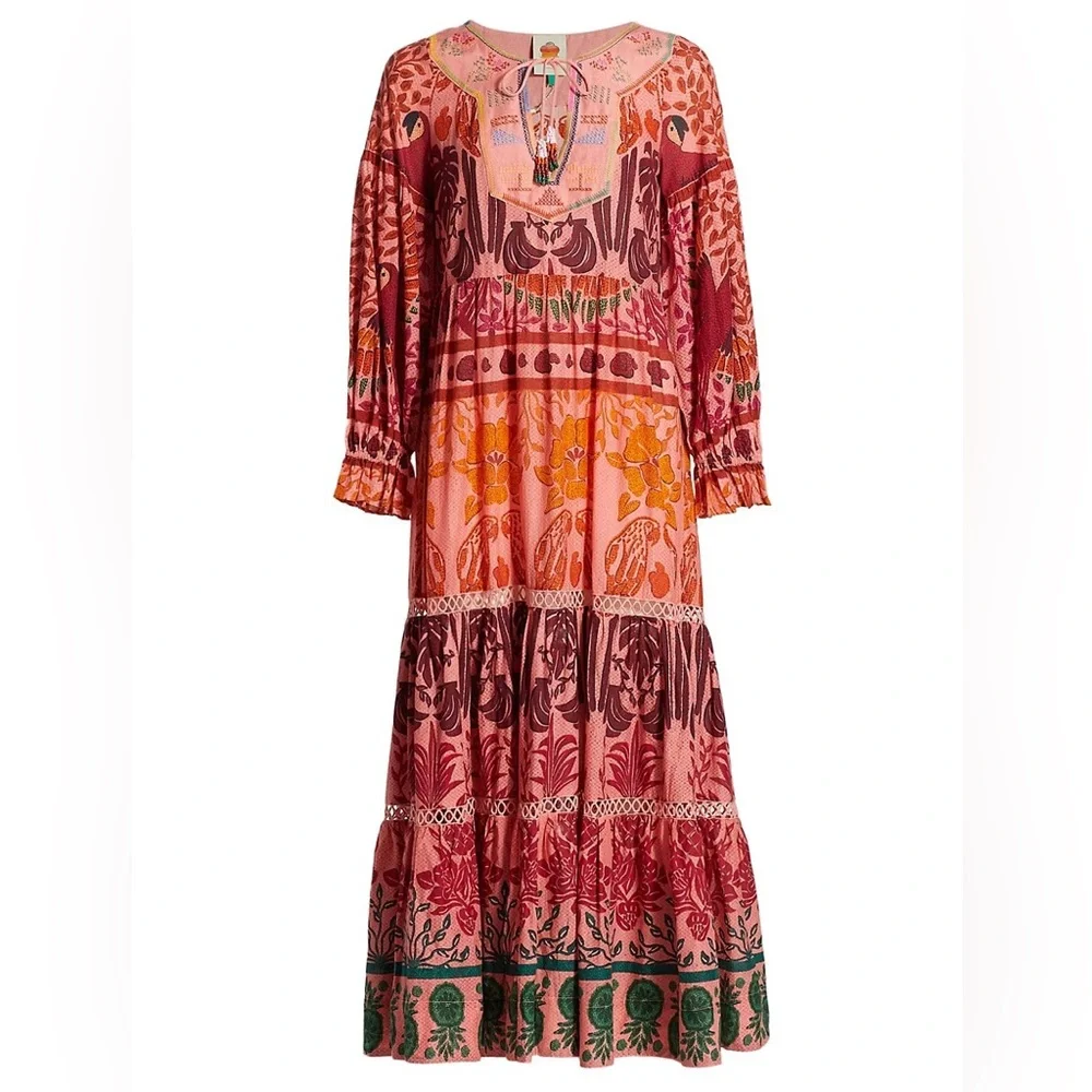 NWT Farm Rio Ainika Print Tiered Macaws Maxi Dress S - Picture 6 of 11